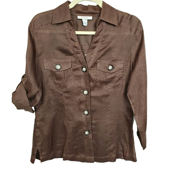 Dress Barn sz S chocolate brown 100% linen button up collared V-neck top - Picture 1 of 10